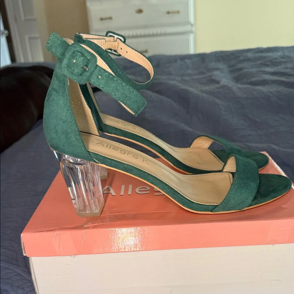 Allegra K Teal Green Suede Ankle Strap Block Heels - Picture 5 of 7